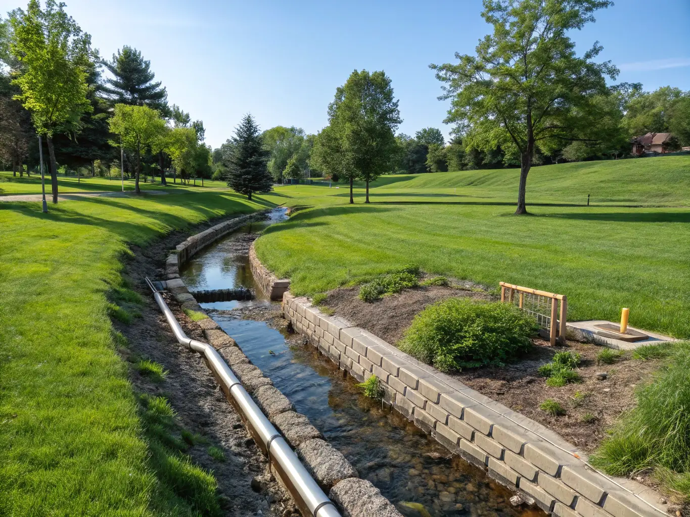 An image of a well-designed drainage system effectively channeling water away from a property, preventing flooding and erosion.