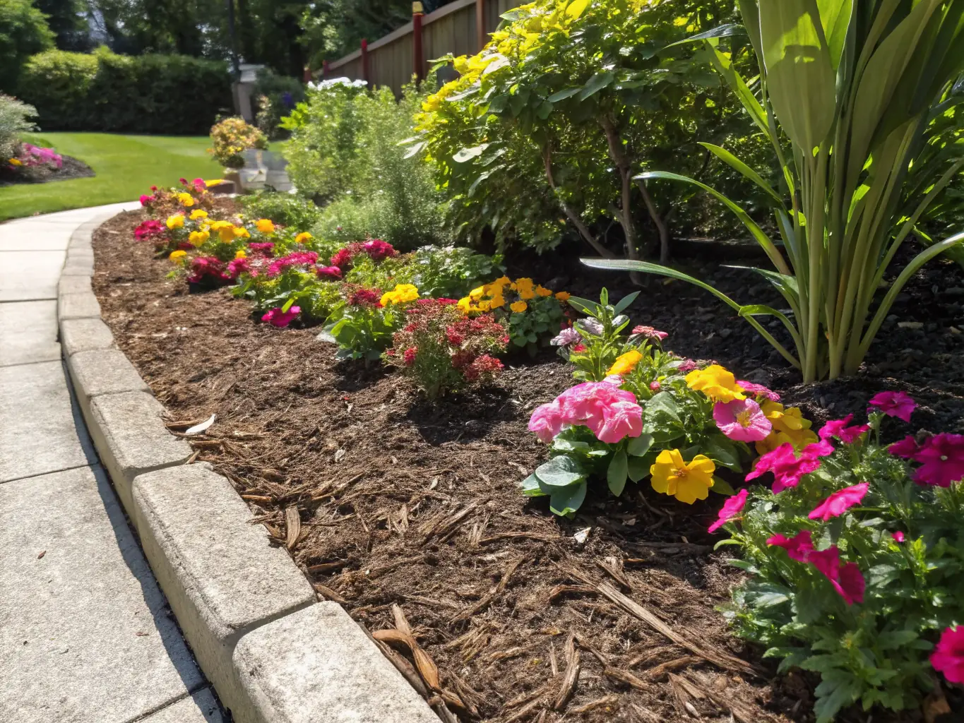 A close-up of freshly installed pine straw around vibrant flower beds, highlighting the aesthetic and functional benefits of mulch.